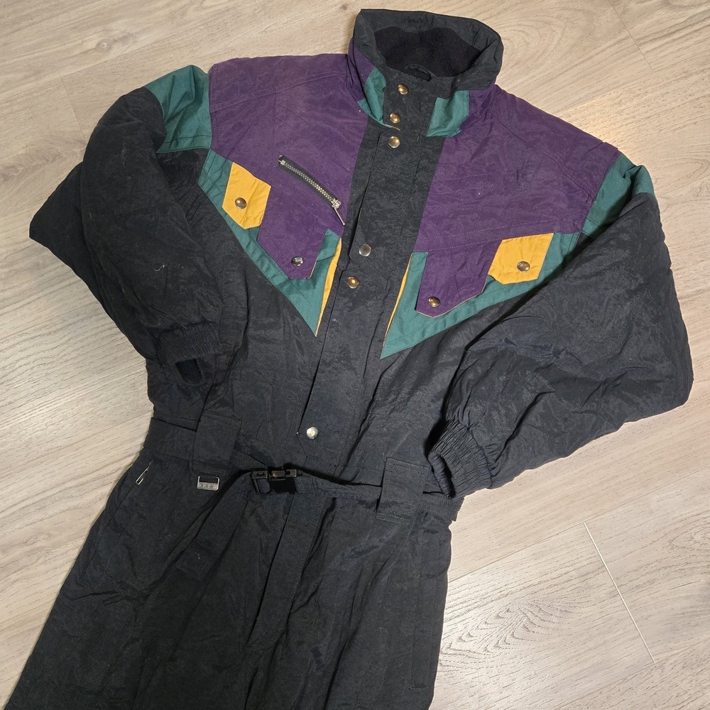 Vtg‎ OSSI Skiwear One Pc Suit Mens Large Belted Snowsuit 90s Retro Purple Green